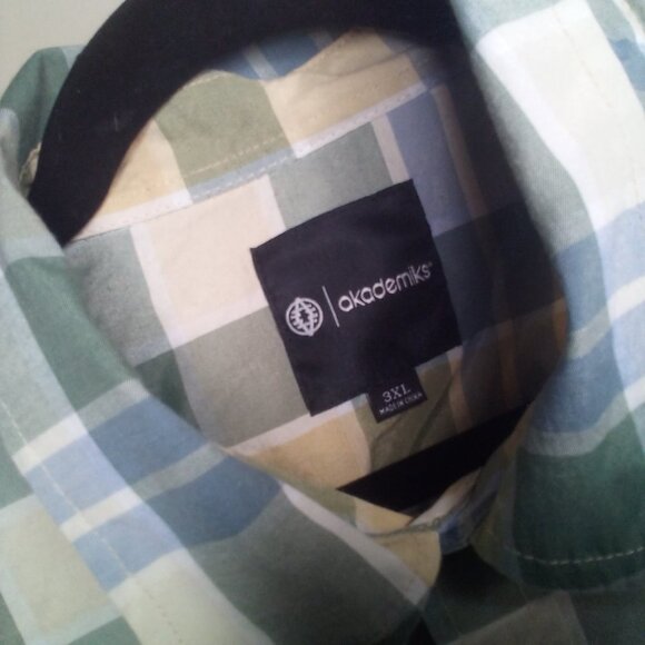 Akademiks Button Up Shirt 3XL Short Sleeve Plaid Green Blue - Picture 11 of 11